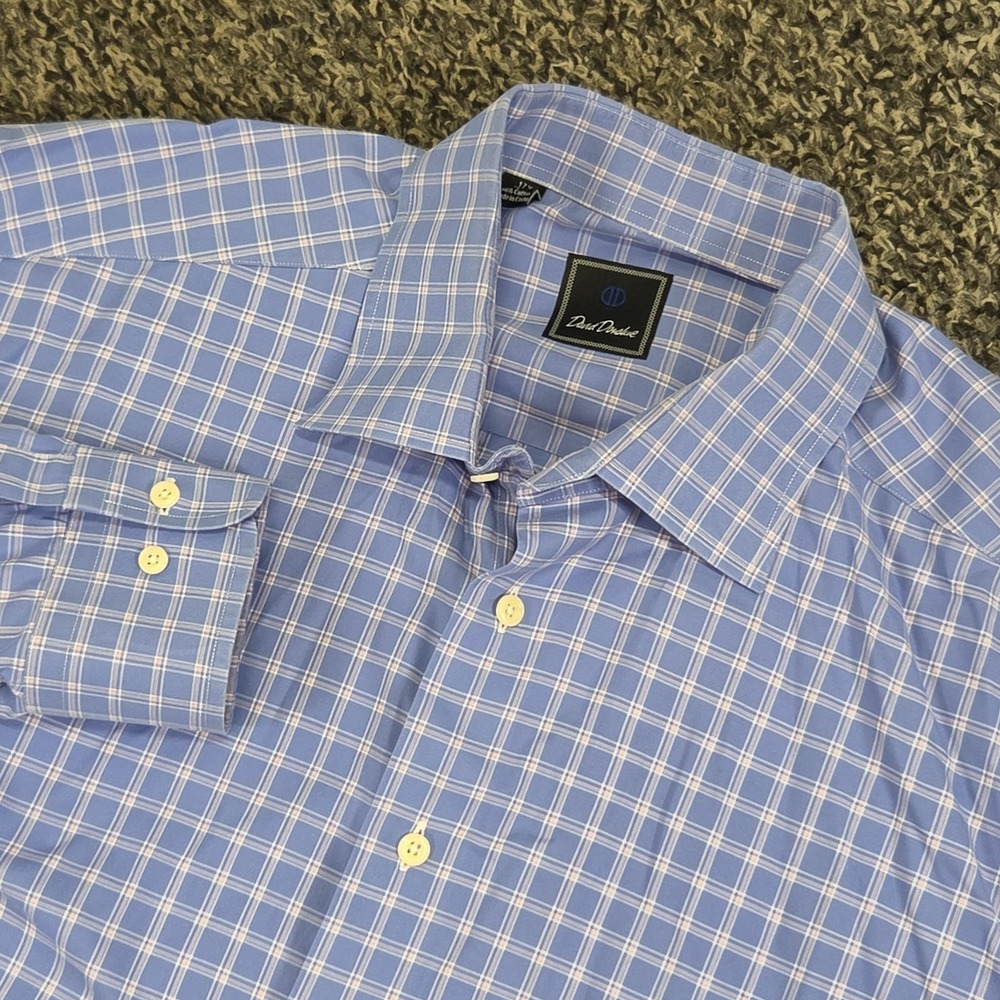David Donahue Dress Shirt Mens 17.5 34/35 Blue Plaid Cotton Long Sleeve